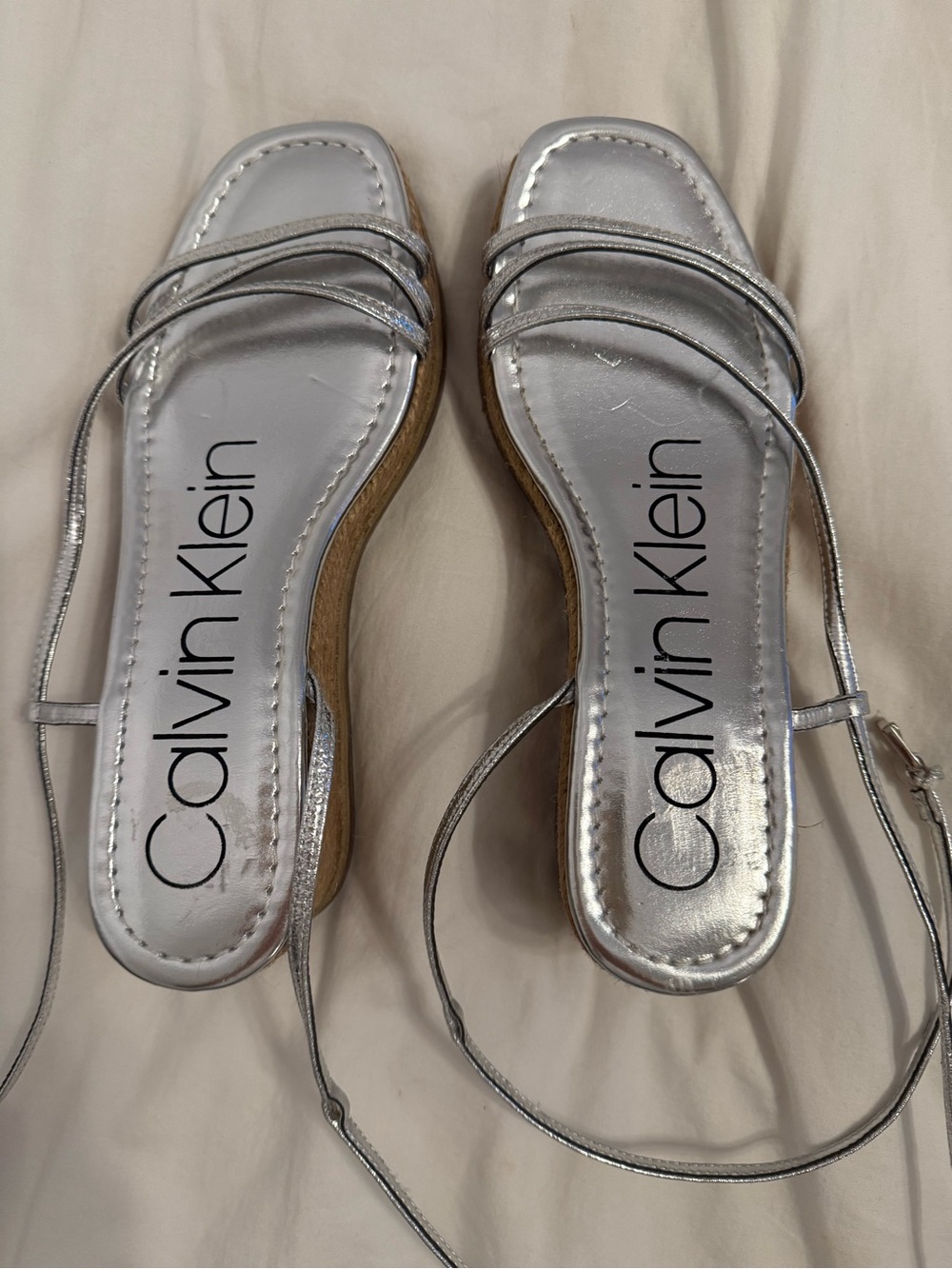 Calvin Klein Metallic Silver Strappy Ankle-Wrap Sandals